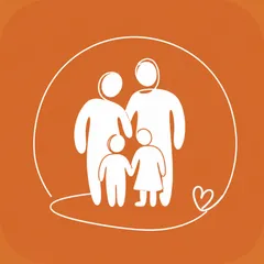 The Larevio app icon: a white family of four inside a circle, with a small heart, on orange