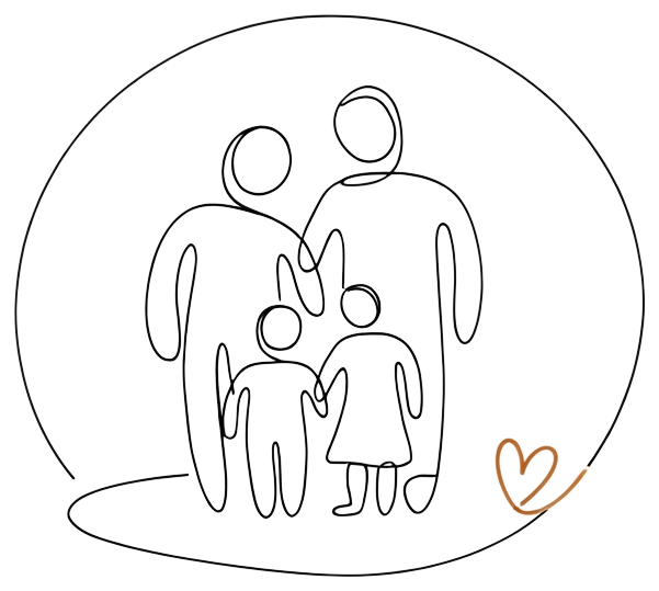 The Larevio family mark: a hand-drawn circle around four figures, with a small heart