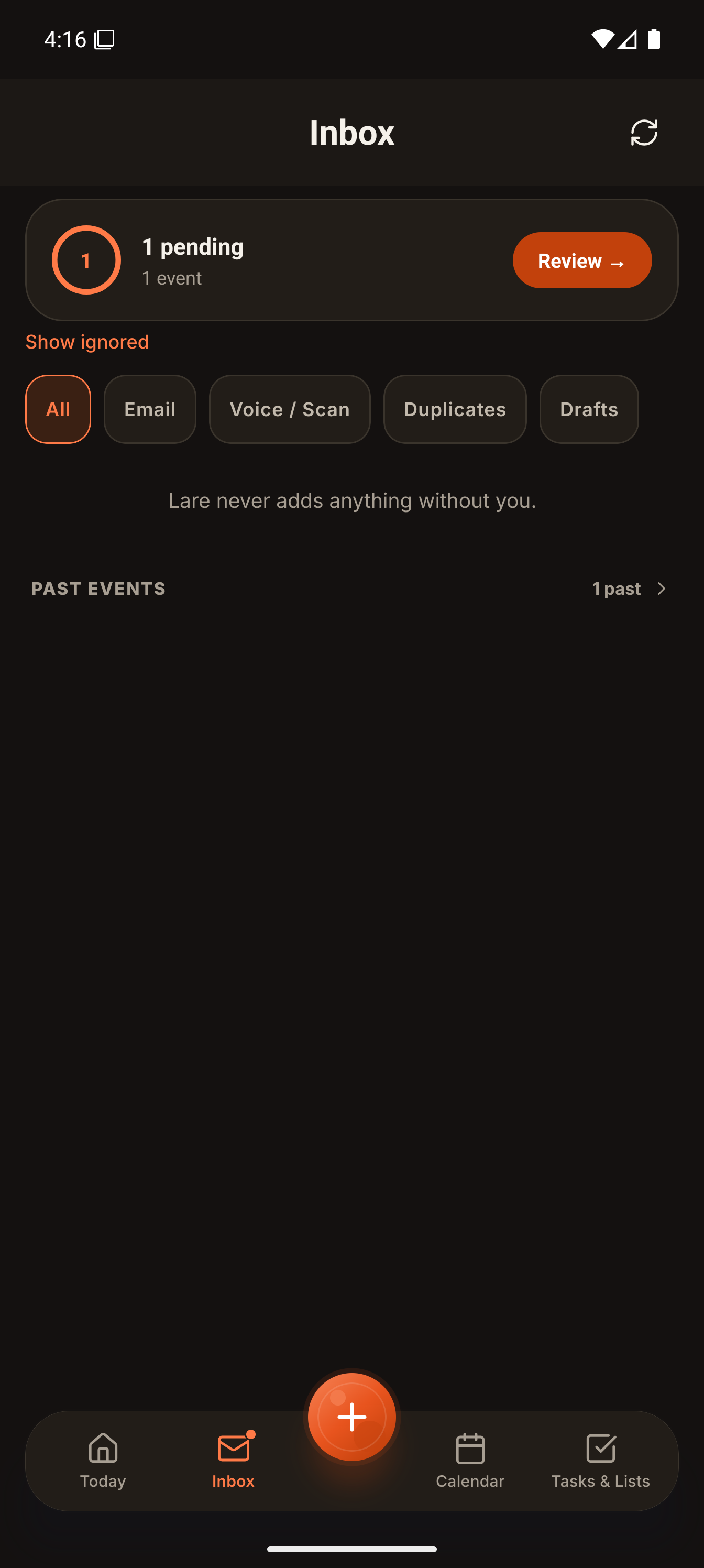 The Larevio Inbox shows one pending event ready for a parent to review.