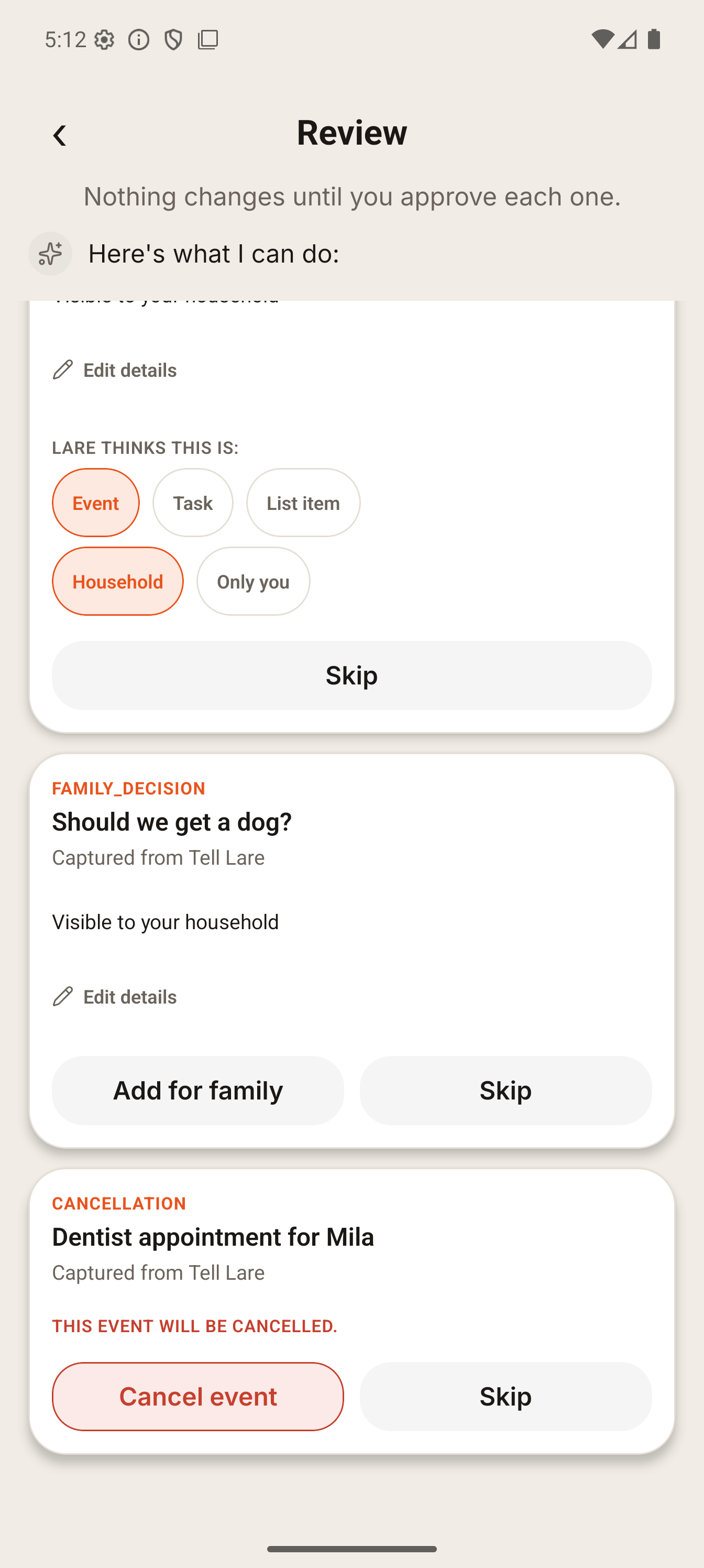 The Larevio Review screen lets a parent add or skip proposed family items.